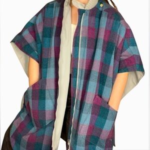 90s Rare Vintage Reversible Plaid Hooded Cape Winter Outdoor